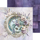 A decorative art print or card featuring an ornate oval mirror frame surrounded by pastel flowers in lavender, cream, and pale blue on a distressed light background, with a purple patterned sheet partially visible behind it.