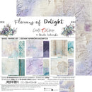 A product display sheet for the 'Flowers of Delight' basic papers set by Craft With Clock, featuring a white central label with product details and text, surrounded by a grid of various textured paper designs in pastel shades of purple, blue, and beige.