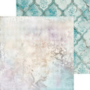 Two square paper or fabric design swatches shown on a white background: one with a soft pastel marbled wash in cream, blush, lavender, and aqua, and one with a turquoise trellis pattern over a pale background. A faint Craft Clock watermark is visible across the artwork.