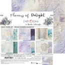 Craft by Clock 'Flowers of Delight' basic papers set by Renata Ludwicka, featuring a collage of textured papers in pastel shades of purple, blue, and cream, with floral accents.