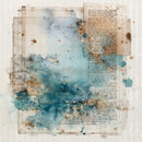 Abstract mixed-media art print featuring watercolor washes in teal, blue, and beige over a vintage book page background with distressed brown spots and gold foil accents.