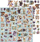 A sheet of assorted cute animal and nature stickers on a light blue background, featuring rabbits, raccoons, bears, butterflies, bees, snails, owls, and flowers in pastel and purple tones.