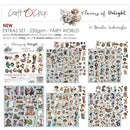 Product collage for the 'Flowers of Dolight' EXTRAS SET by Renata Iudwinska, featuring various fairy-themed double-sided papers and sticker sheets with illustrations of fairies, magical elements, and whimsical scenes.