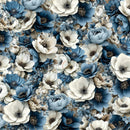A seamless floral pattern featuring blue and white flowers with detailed centers, including anemone and rose-like blooms, in shades of blue, white, and beige.