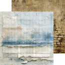 A square abstract art print or textured panel featuring layered blue watercolor washes, torn paper, book page text, and distressed beige tones, shown against a white background with a second textured panel partially visible behind it.