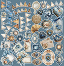 A collection of vintage-style decorative paper cutouts and embellishments in blue, beige, and gold tones, including hearts, ribbons, frames, floral elements, and bunting, arranged on a solid blue background.
