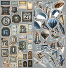 A sheet of vintage-style airship and aviation stickers featuring airplanes, balloons, parachutes, binoculars, and numbered labels on a gray background.