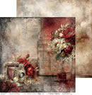 A vintage-style scrapbook paper sheet with layered collage artwork, including aged parchment, script, a sepia camera, and red and cream floral arrangements. A second matching textured paper strip is shown behind it on a white background.