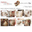 A collage showing the contents of a craft paper set titled 'Silver Screen Magic' by Kateryna Kipchenske. The set includes multiple textured, vintage-style medium papers in warm tones of beige, brown, and muted red, along with a preview sheet and a decorative header card.