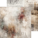 A square abstract collage artwork with layered vintage newspaper print, faded script, distressed textures, and soft smoky washes in beige, brown, gray, and muted red. The design includes faint newspaper columns, handwritten script, and the number 121.