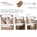 Promotional graphic for a 'Friends & Crafty Clock' Silver Screen Magic medium papers set, showing the product packaging, a mix of 24 double-sided papers, and 24 designs on a white background.