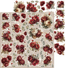 A sheet of vintage-style floral stickers or decals featuring clusters of deep red and cream roses with muted green leaves on a beige background, shown alongside smaller matching floral pieces on a white background.