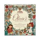 Karin Artisan 'Olivia's Christmas Tale' 12x12 inch premium patterned cardstock packaging, featuring a festive illustrated border with mice, children, gifts, and holiday decorations on an off-white background.