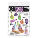 Hocus Pocus Clear Stamper sheet from the Limited Edition Series, featuring various colorful Halloween-themed illustrations including bottles, a spider, a ghost, and the words 'Hocus Pocus' and 'Boo' on a white background.