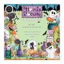 Hocus Pocus Premium Paper Pad packaging featuring a colorful Halloween-themed illustration with a black cat, ghost, potion bottle, cauldron, bats, and spooky decorations on a light green background.