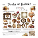 A flat lay of a craft paper extras set titled 'Shades of Nature' by Craft 'O' Clock. The sheet features various vintage-style illustrations including frames, hot air balloons, clocks, gifts, and floral designs in warm earthy tones like brown, beige, and orange, with Polish text describing the 24-piece double-sided paper set.