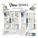 A product packaging card for a 'Snow Games' paper set by 'Friends to Craft by Clock', showing 2x12 double-sided papers with various winter-themed designs like snowflakes, snow globes, plaid, and rustic textures.