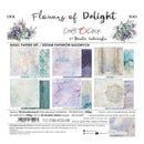 Product packaging and contents for Craft O'Clock 'Flowers of Delight' basic paper set by Renata Ludwicka, showing 24 double-sided papers with watercolor floral and textured designs in pastel purple, blue, and cream tones.