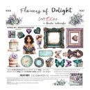 A flat product sheet for the 'Flowers of Delight' extra set by Craft O'Clock, featuring watercolor designs, frames, cakes, and a doll illustration on a white background with product details and text.