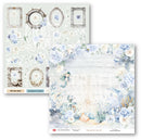 Two overlapping printed sheets with a coordinated nautical floral design in soft blue, white, and beige tones. The top sheet shows decorative frame motifs and floral patterns, while the bottom sheet shows a watercolor-style scene with flowers, sea life, and a mermaid.