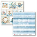 Two sheets of scrapbooking paper with a nautical theme, featuring blue and white stripes on one sheet and a collage of beach and mermaid illustrations on the other.