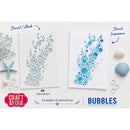 A craft stencil set shown with two sample stencil sheets on a white background, surrounded by seashells, starfish, and decorative elements. Text labels indicate 'Stencil / Mask', 'Stencil Impression', and 'Example of stencil use', with the product name 'BUBBLES' and brand 'CRAFT & YOU' visible.