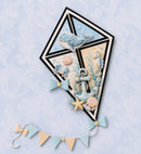 A decorative nautical-themed card or art piece featuring a whale, seahorse, anchor, starfish, and seashells in soft blue, beige, and white tones, arranged on a pale blue patterned background with a small bunting garland below.