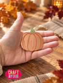 A hand holds a small decorative pumpkin-shaped item with a green stem, shown against a warm autumn-themed background with leaves and a wooden surface. A 'Craft & You' logo appears in the lower left corner.