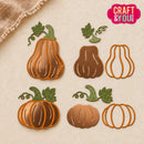 Six die-cut pumpkin shapes in copper and brown with green leaves, arranged on a beige textured background next to a burlap corner and a Craft & You logo.