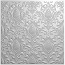 A square panel featuring a repeating embossed damask-style floral and scroll pattern in a light gray to silver tone.