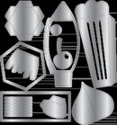 A set of metallic silver die-cut sticker templates or decals with various shapes, including a hexagon, a teardrop, a hand outline, a bottle-like form, and a rectangular grid design, shown on a black background.