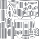 A set of metallic silver die-cut templates or craft cutouts arranged on a plain white background. The pieces include shapes such as cylinders, leaf-like forms, floral motifs, striped sections, and rounded decorative elements.