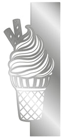 A silver metal wall sign featuring a stylized ice cream swirl in a cone with chocolate sticks, partially obscured by a vertical silver metal plate on the right side.