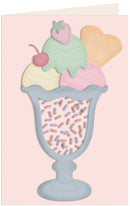 A pastel-colored illustration of a sundae in a tall glass bowl, featuring scoops of mint green, pink, and vanilla ice cream with a cherry, strawberry, waffle piece, and sprinkle pattern inside the bowl, set against a pale pink background.