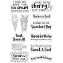 A sheet of clear acrylic or rubber stamps with black printed phrases and ice cream-themed illustrations, including cones, sunda glasses, cherries, and sprinkles, on a plain white background.
