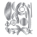 A set of silver metal die-cut shapes featuring tropical beach motifs including palm trees, a seashell, a starfish, an anchor, a sunburst, and a crescent moon, arranged on a plain white background.