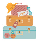 A flat vector illustration of stacked travel luggage, including a pink suitcase, a tan suitcase, and a light blue suitcase, with a yellow hat, sunglasses, an airplane ticket, and travel stickers.