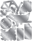 A set of metallic die-cut shapes and outlines, including a wheel, wheelbarrow, gears, leaves, flowers, birds, and rectangular panels, arranged on a plain white background.