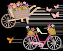 A stylized illustration featuring a wooden wheelbarrow filled with colorful flowers and a pink bicycle with a flower basket, set against a black background with white horizontal lines and pink butterflies.