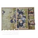 A vintage-style scrapbook or card-making kit shown open, featuring layered floral panels with blue and cream roses, script paper, a butterfly, a clock, stacked suitcases, and an open book. The product is photographed on a plain white background with a visible 'Made by Nicole For CreaLies' watermark across the lower left.