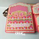A close-up of a handmade scrapbook or journal page featuring a pink and gold floral pattern, a scalloped pink card, and the text 'hisperdepiep' with '50' layered above it. A watermark for 'CREatives' is visible at the bottom.
