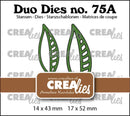 Product information graphic for 'Duo Dies no. 75A' leaf-shaped die stamps.