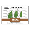 A product card for a set of three leaf-shaped die-cut stickers or decals from CREA lies, showing three green leaf designs with dimensions listed at the bottom.