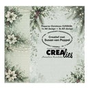 A square product card or packaging insert for a Christmas-themed paper design set. The left side shows a printed holiday border with white poinsettias, green pine branches, red berries, and warm string lights on a pale mint background.