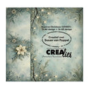A square product card for a Christmas-themed crafting paper set. The design features a textured, icy blue background with white poinsettias, delicate snowflakes, frosty branches, and warm glowing fairy lights.