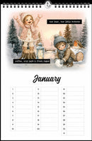 A spiral-bound January desk calendar page with a winter illustration at the top showing children in snow, a lantern, and an owl, plus writing prompts and a grid for counting days.