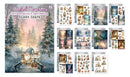 Crafted Memories 'Silent Spark' art journaling and card making kit cover shown alongside multiple sample pages and sticker sheets featuring winter forest scenes, gnomes, lanterns, and snowy landscapes.
