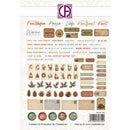 A sheet of decorative craft stickers and labels from Creation & Production by Creative Art, featuring Christmas-themed designs such as ornaments, pinecones, holly, tags, and text elements in Dutch and English.