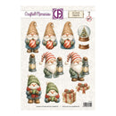 A sheet of decorative craft stickers or decals featuring illustrated Christmas gnomes, lanterns, a snow globe with a tree, and wrapped gifts. The sheet has a cream background with a subtle damask pattern and printed branding at the top reading 'Crafted Memories' and 'Silent Spark'.