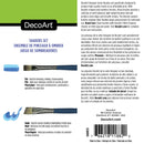 A DecoArt Shaders Set consisting of four acrylic painter's pinceaux (brushes) in black, shown with product photos, Spanish and English descriptions, and a barcode label on a white background.